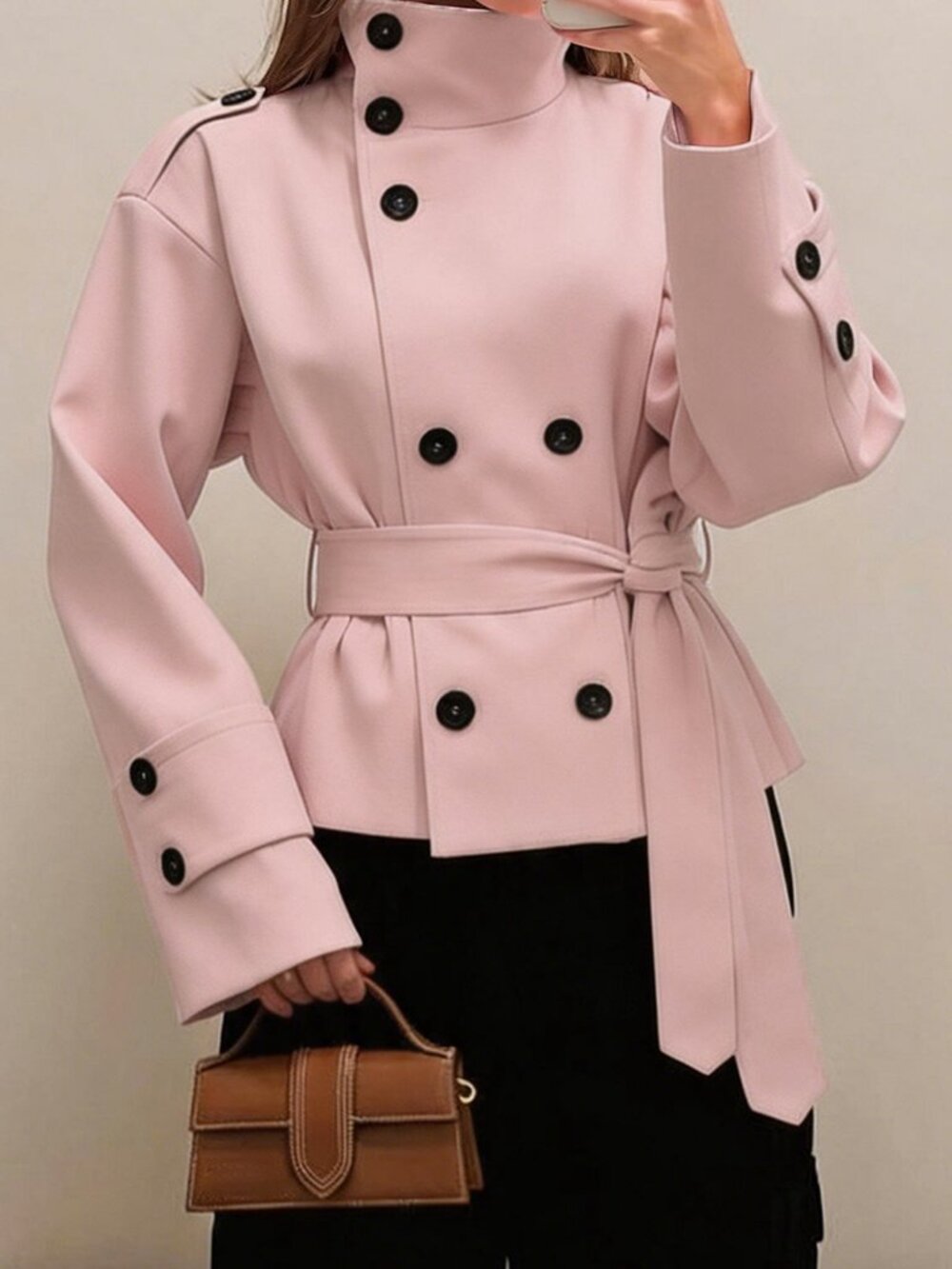 Pink Elegant Women's Double Button Belted Short Trench Coat